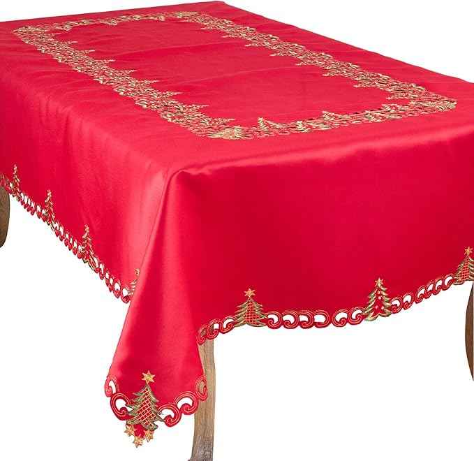 Fennco Styles Pandoro Collection Holiday Embroidered Christmas Tree Cutwork Border 67 x 160 Inch Tablecloth – Red Table Cloth for Christmas Dinner, Family Gathering, Special Events and Home Décor
