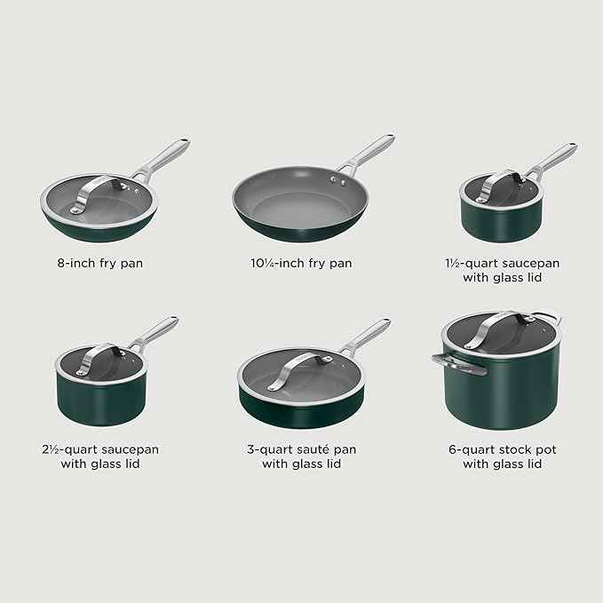 Ninja Ceramic Pro 11Piece Cookware Set, NonStick Pots & Pans Set with Glass Lids, Nontoxic, PTFE Free, Ceramic Coated, Oven Safe, All Stovetops & Induction Compatible, British Racing Green, CW39011GN