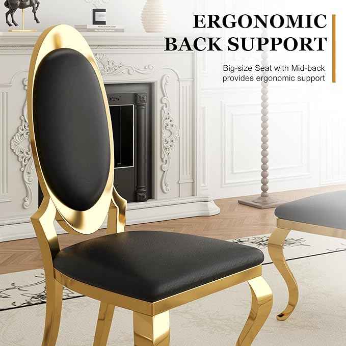 Modern Dining Chairs Set of 6, Luxury Faux Leather Upholstered Armless Dining Room Chair with Mirrored Stainless Steel Gold Legs, Mid Century Accent for Wedding Party Banquet Reception, White