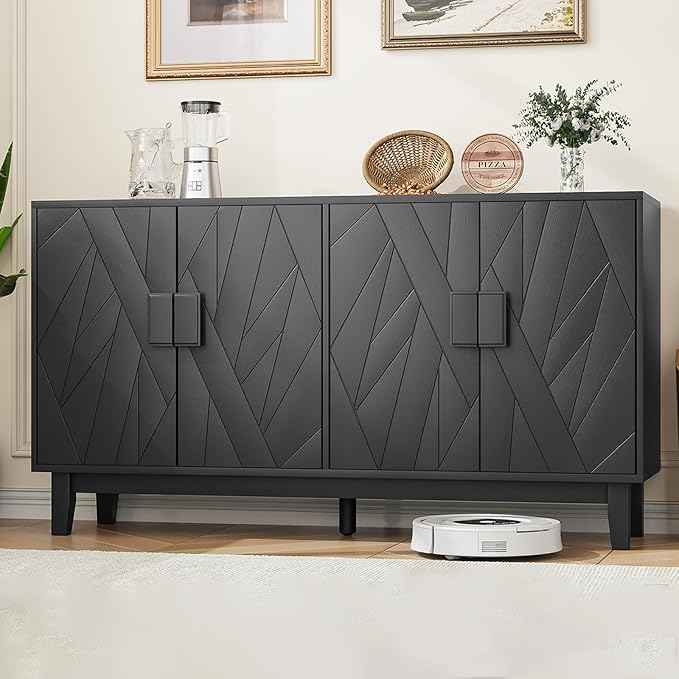 Modern Black 4-Door Sideboard Buffet Cabinet with Geometric Wood Doors | Adjustable Shelves, Large Console Table for Dining Room, Kitchen, and Living Room (55 inches)