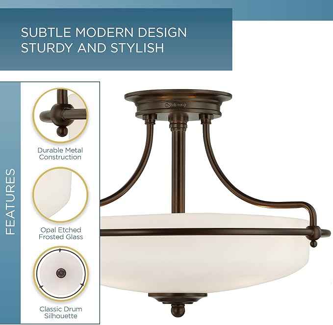 Quoizel Griffin Semi-Flush Mount Ceiling Light, 17 Inch 3-Light Palladian Bronze Opal-Etched Frosted Glass Shade, Hanging Light Fixture for Hallway, Kitchen, Bedroom, Dining, Farmhouse or Office