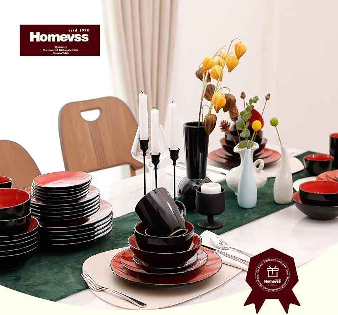 Stoneware Sonoma 56pc Dinnerware Set, Black + Speckled Spin Wash Red