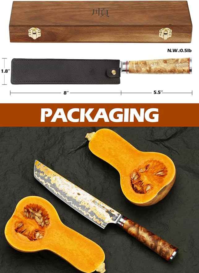 YOUSUNLONG Tanto Chef's Knife 8 Inch - Japanese Handmade CuMai Copper Damascus Steel Blade - Naturel Burl Wooden Handle with Leather