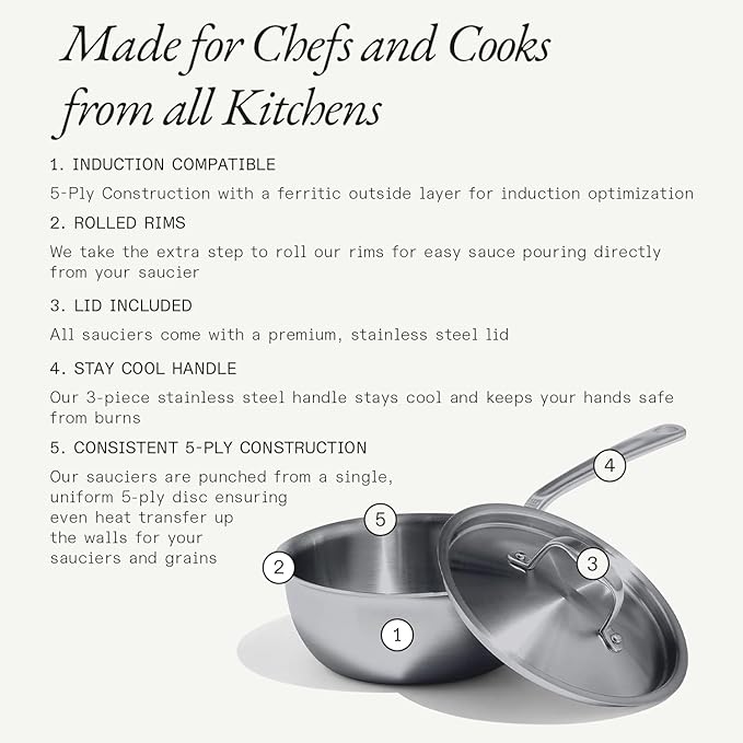 Made In Cookware - 3 Quart Stainless Steel Saucier Pan - 5 Ply Stainless Clad - Professional Cookware - Crafted in Italy - Induction Compatible