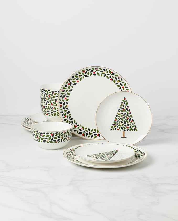 kate spade new york Evergreen 12-Piece Dinnerware Set, 12 Count, Ivory, Christmas Dinnerware Set, Holiday Hosting