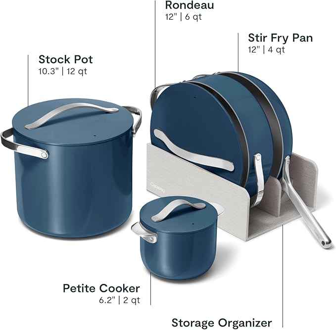 Caraway 24-Piece Nonstick Ceramic Cookware Set - Includes Fry Pans, Sauce, Sauté Pan, Dutch Oven, Petite Cooker, Stir Fry, Rondeau, Stock Pot, Lids & Storage Organizers - Navy