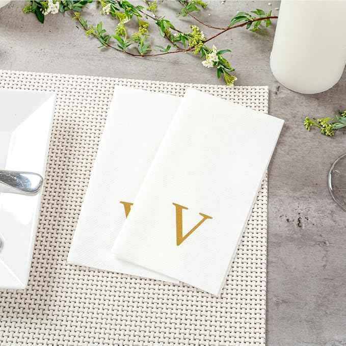 Luxenap 15.8 X 7.9 Inch Linen-Feel Guest Towels, 2000 Lettered Hand Towels - Gold Letter 'V', Sans Serif Font, White Paper Dinner Napkins, airlaid, For Restrooms And Tables