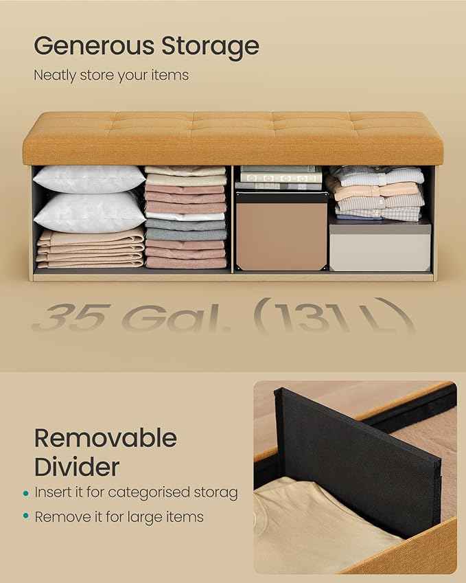 SONGMICS Mazie Collection - Storage Ottoman Bench, 43 Inches Folding Foot Rest Stool, End of Bed Bench, Easy Assembly, for Living Room, Bedroom, Entryway, Ginger ULSF077K04
