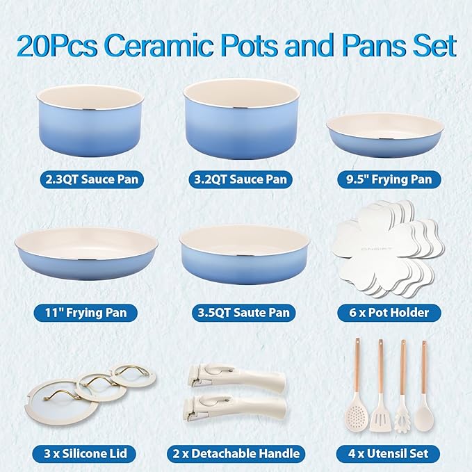 ONGIFT 20pcs Ceramic Cookware Set Nonstick, Detachable Handle Pots and Pans Set, Non Toxic,No PFAS & PTFE & PFOA, Dishwasher/Oven Safe, RV Kitchen Set Removable Handle for Cooking, Blue