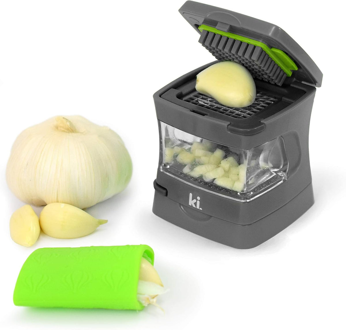 Garlic-A-Peel Garlic Press, Crusher, Cutter, Mincer, and Storage Container - Includes Silicone Garlic Peeler - Easy to Clean - Stainless Steel Blades – (Grey), standard - HomeSpice