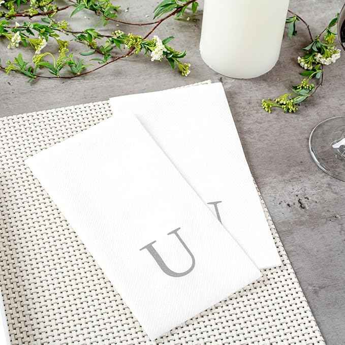 Luxenap 15.8 X 7.9 Inch Linen-Feel Guest Towels, 2000 Lettered Hand Towels - Silver Letter 'U', Sans Serif Font, White Paper Dinner Napkins, airlaid, For Restrooms And Tables - Restaurantware