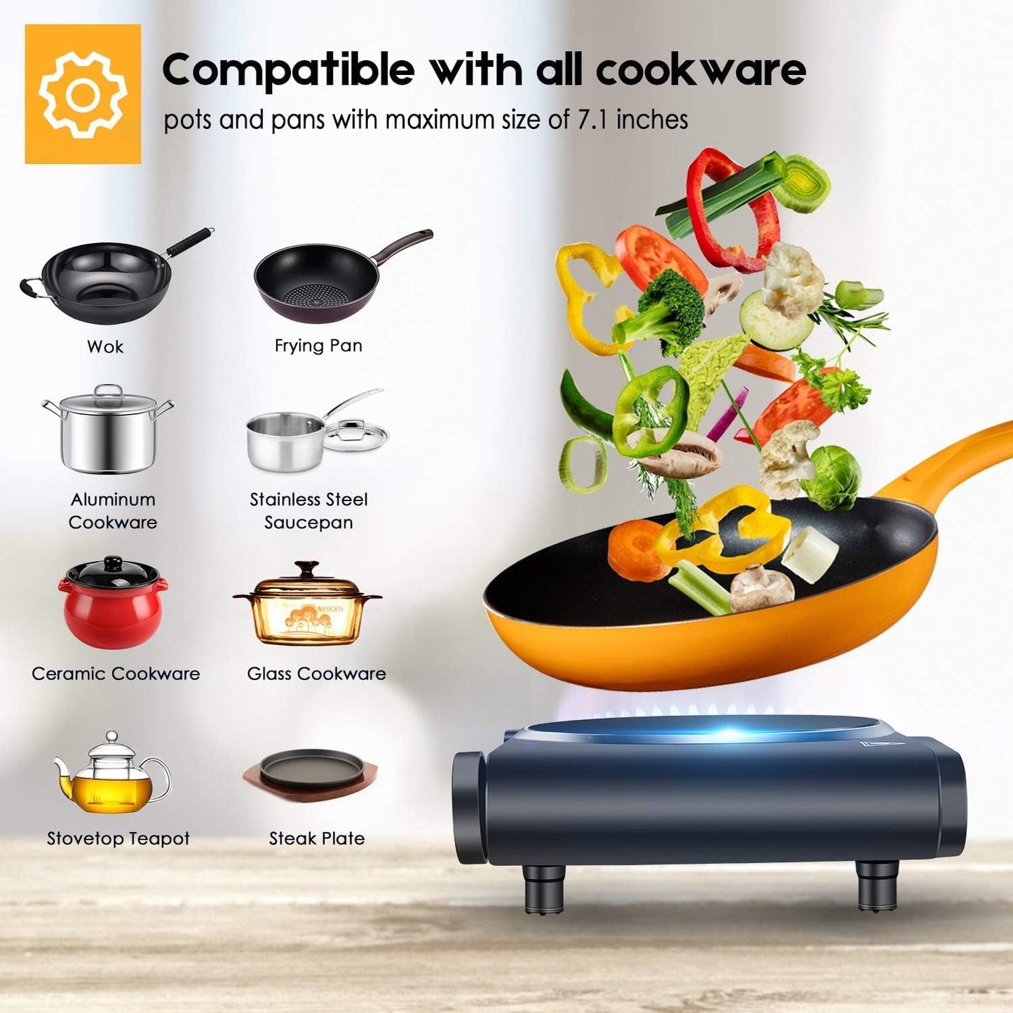 1200W Infrared Single Burner Electric Hot Plate, Fast Heating & Energy Efficient, 7 Inch Ceramic Glass Portable Electric Stove with Adjustable Temperature Control, Compatible w/All Cookware
