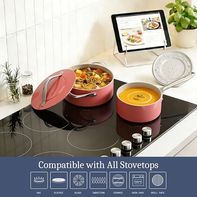 CookinCraze Ceramic Cookware Set, Pots and Pans Set Nonstick with Lid PFAS & PFOA Free, Induction Compatible Oven Safe Up to 500°F Even Heat Distribution, Coral Red