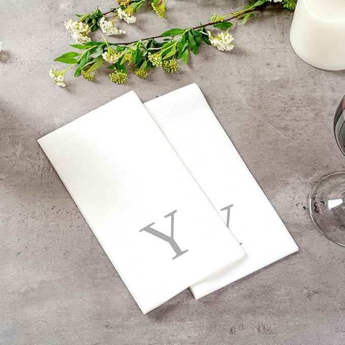 Luxenap 15.8 X 7.9 Inch Linen-Feel Guest Towels, 50 Lettered Hand Towels - Silver Letter 'Y', Sans Serif Font, White Paper Dinner Napkins, airlaid, For Restrooms And Tables - Restaurantware