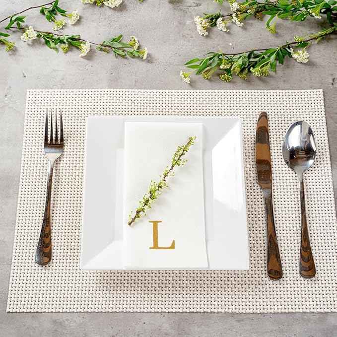 Luxenap 15.8 X 7.9 Inch Linen-Feel Guest Towels, 50 Lettered Hand Towels - Gold Letter 'L', Sans Serif Font, White Paper Dinner Napkins, airlaid, For Restrooms And Tables