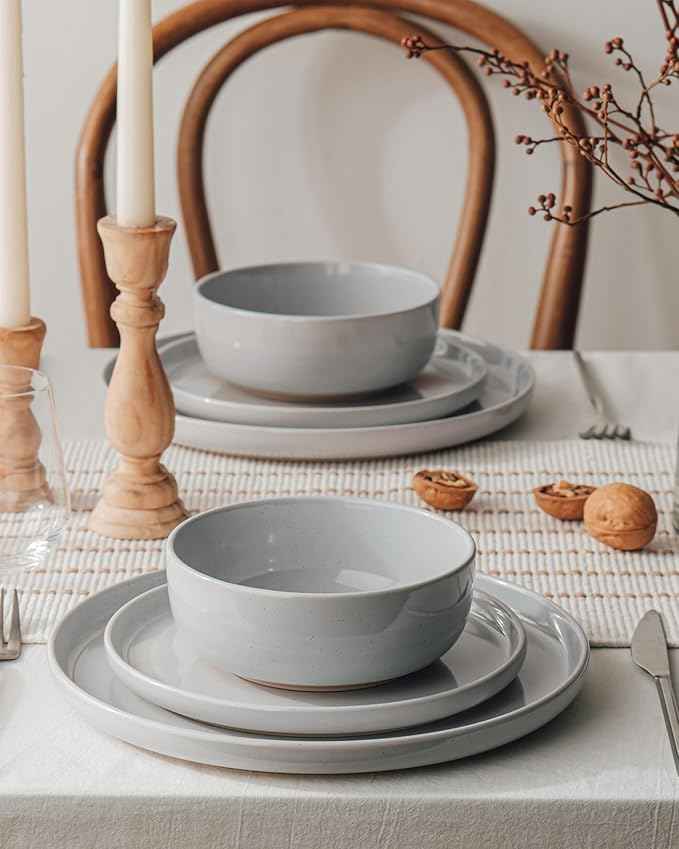 Famiware Milkyway Stoneware Dinnerware Sets with Mugs, Service for 6 (24 Pieces), Plates and Bowls Sets -Scratch Resistant, Microwave and Dishwasher Safe Dishes Set, Light Gray