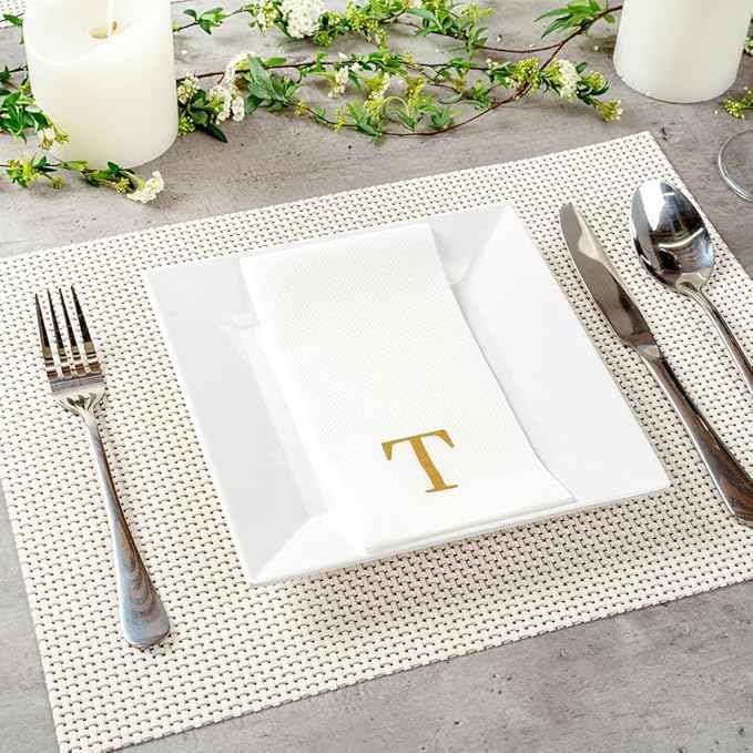 Luxenap 15.8 X 7.9 Inch Linen-Feel Guest Towels, 2000 Lettered Hand Towels - Gold Letter 'T', Sans Serif Font, White Paper Dinner Napkins, airlaid, For Restrooms And Tables