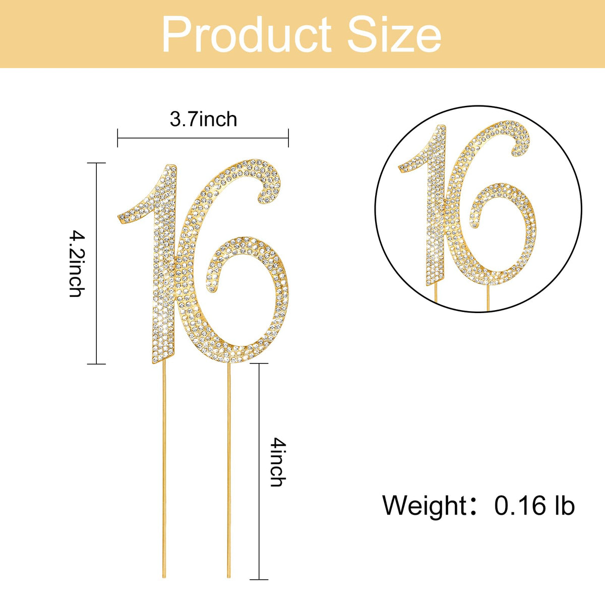 Gold Sweet 16 Cake Topper Rhinestones Cake Decorations (16th- Gold)