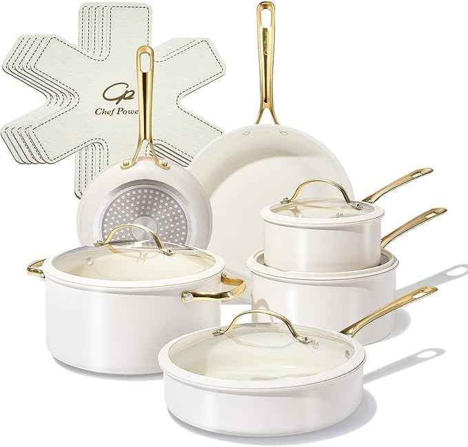 Chef Power Ceramic Cookware Sets, 15Pcs Pots and Pans Set Non Stick, Cookware Set with Stainless Steel Handle, Dishwasher & Oven Safe, Cream White and Light Gold Handle
