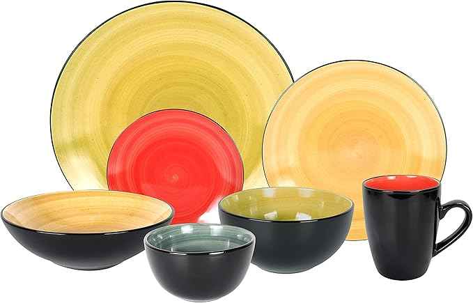Stoneware Sonoma Dinnerware Set, Black + Speckled Spin Wash (56pc Set, Mix Blue, Green, Red, Yellow)