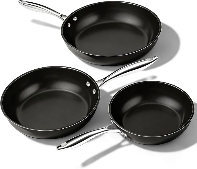 UUKRAVE Ceramic Nonstick Skillets Set (8"/9.5"/11") - Omelette Pans & Egg Pan for Healthy Cooking, Stay-Cool Handle, PFAS/PFOA/PTFE-Free, Oven/Dishwasher Safe for Busy Kitchen, Stackable, Black