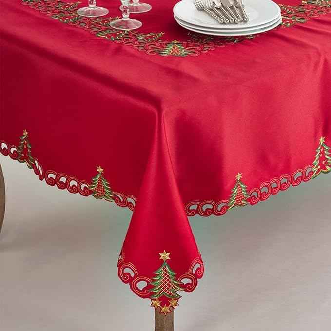 Fennco Styles Pandoro Collection Holiday Embroidered Christmas Tree Cutwork Border 67 x 160 Inch Tablecloth – Red Table Cloth for Christmas Dinner, Family Gathering, Special Events and Home Décor