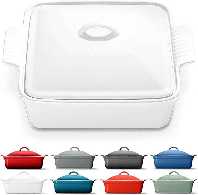 Stoneware Casserole Dish Bakeware with Lid | Covered Square Dinnerware | Medium 2 Quart, [Glossy White]