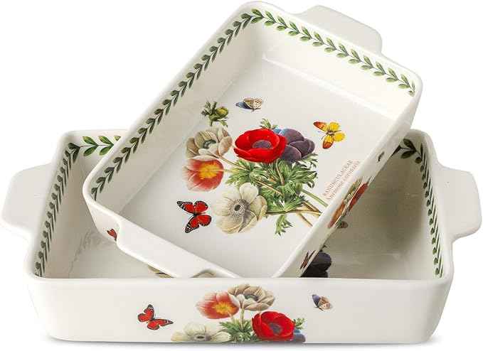 Ceramic Papaver rhoeas Baking Casserole Dish with Handles, Large 2 pieces 8x13 inch & 6x10 inch Lasagna Baking Dish and Middle Flower Andplant Baking Pan,Porcelain Serving Bakeware Set