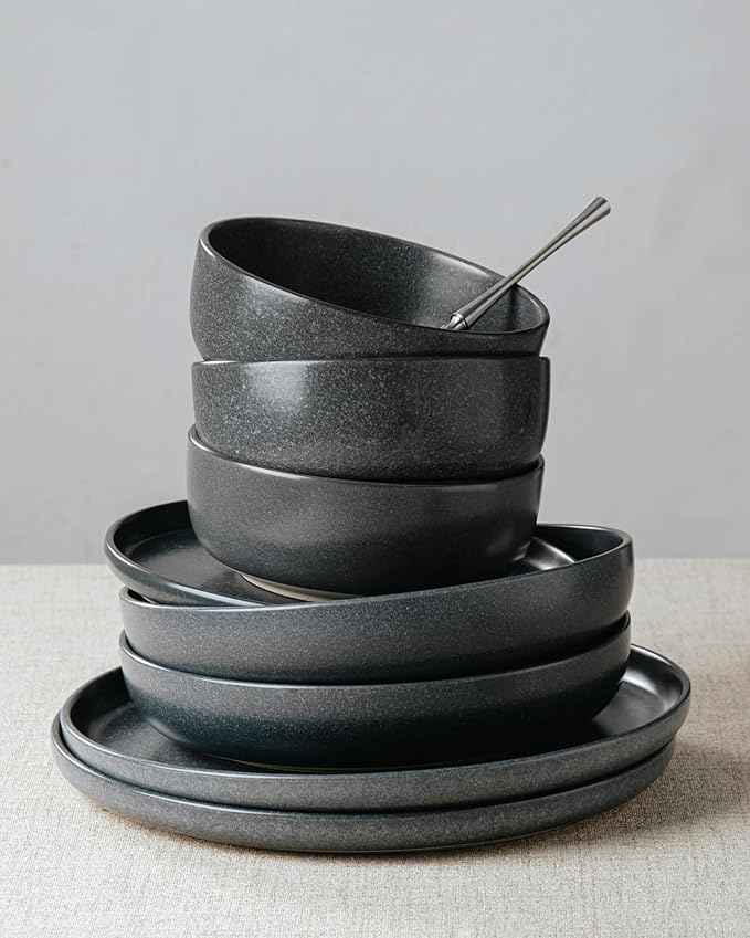 Famiware Milkyway Plates and Bowls Sets, 12 Pieces Dinnerware Sets, Reactive Glaze Dish Set, Stoneware Dishes Set for 4, Matte Dark Charcoal