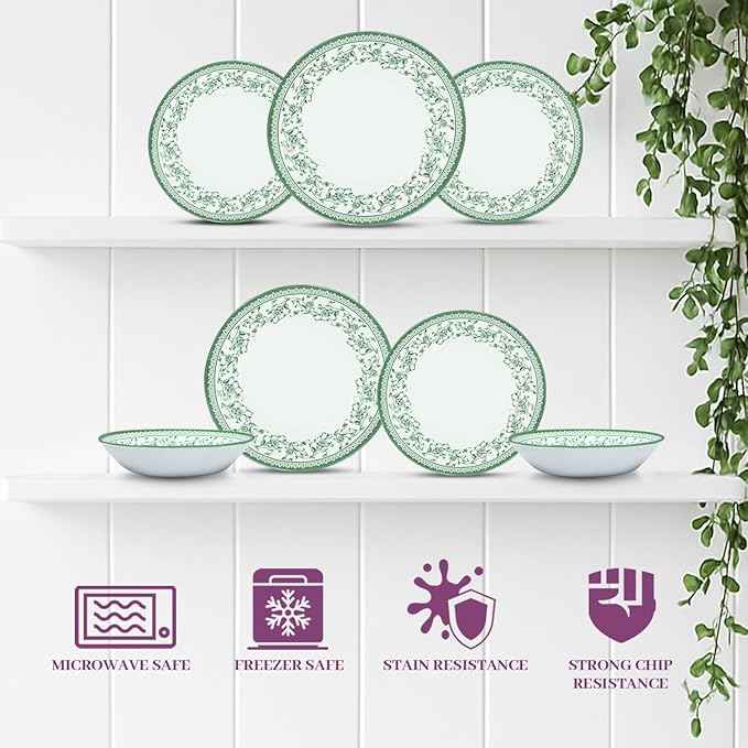 Tudor Royal 12-Piece Round Porcelain Dinnerware Set, Service for 4 - Aster Green Design, Multicolor Floral, Plates Bowls Mugs Dishes, Premium Quality Tableware, Unique Pattern, Glossy