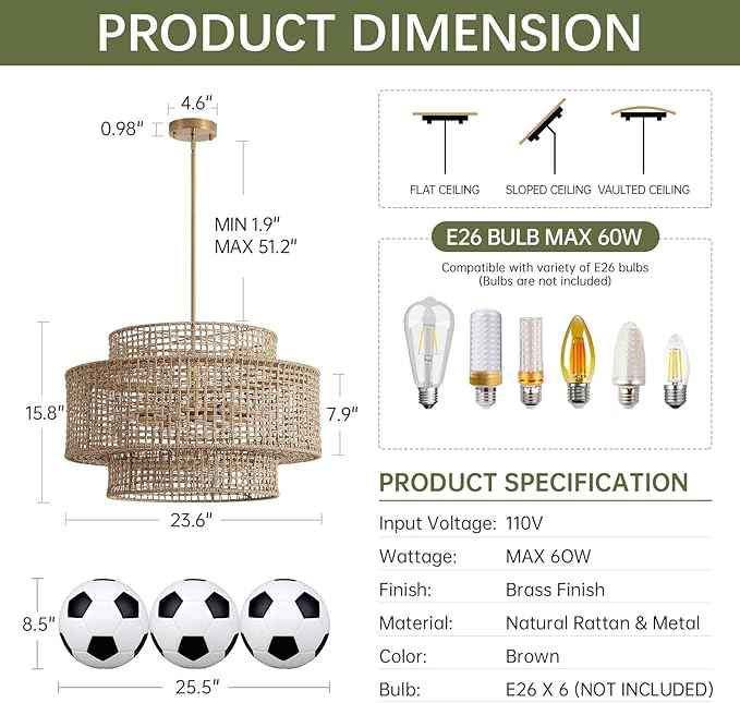 24” Rattan Chandelier for Dining Room, Large Boho 6-Light Rustic Chandeliers Light Fixture with Wicker Shade, Hand Woven Farmhouse Pendant Lighting for Kitchen Bedroom, Living Room, Foyer