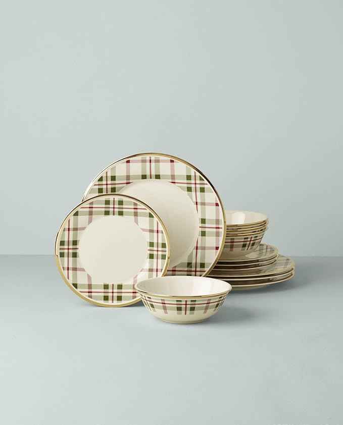 Lenox 894963 Holiday Plaid 12-Piece Dinnerware Set, Red & Green, Christmas, Hosting