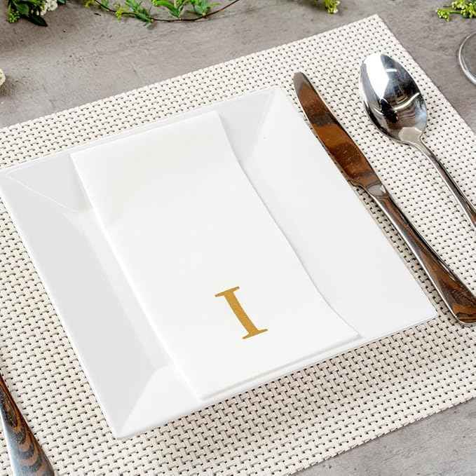 Luxenap 15.8 X 7.9 Inch Linen-Feel Guest Towels, 50 Lettered Hand Towels - Gold Letter 'I', Sans Serif Font, White Paper Dinner Napkins, airlaid, For Restrooms And Tables