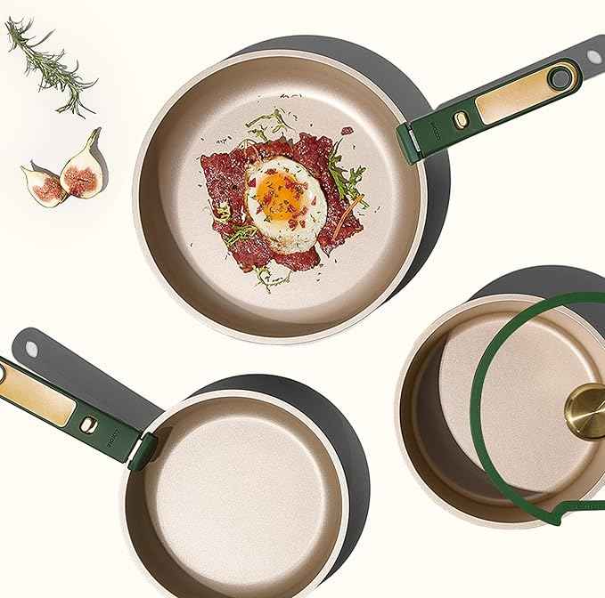 CAROTE Green&Gold Nonstick Cookware Set,15Pcs Pots and Pans Set Non Stick Detachable/Removable Handle,Kitchen Cooking Set Dishwasher Safe, RV Kitchen Pot and Pan, Induction Cookware
