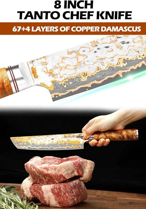 YOUSUNLONG Tanto Chef's Knife 8 Inch - Japanese Handmade CuMai Copper Damascus Steel Blade - Naturel Burl Wooden Handle with Leather