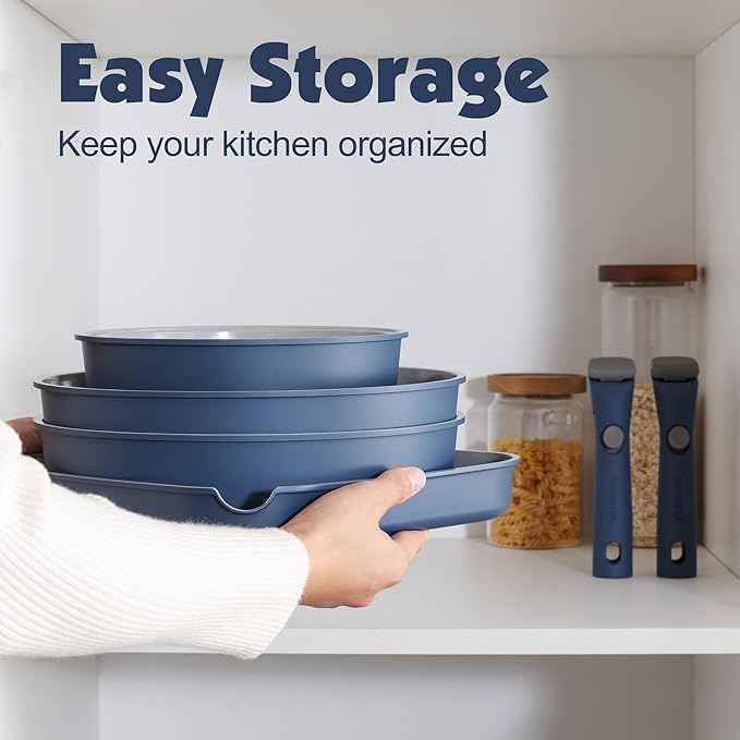 SENSARTE 17 Piece Ceramic Pots and Pans Set, Nonstick Detachable Handle Cookware, Induction Kitchen Cookware Set with Removable Handle, Dishwasher ＆ Oven Safe (Navy)