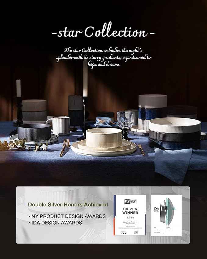 Famiware Star Dinnerware Set with Pasta Bowls, Service for 6 (24 Pieces), Ribbed Stoneware Plates and Double Bowls Sets with Trim - Chip & Scratch Resistant, Microwave & Dishwasher Safe Dishes, White