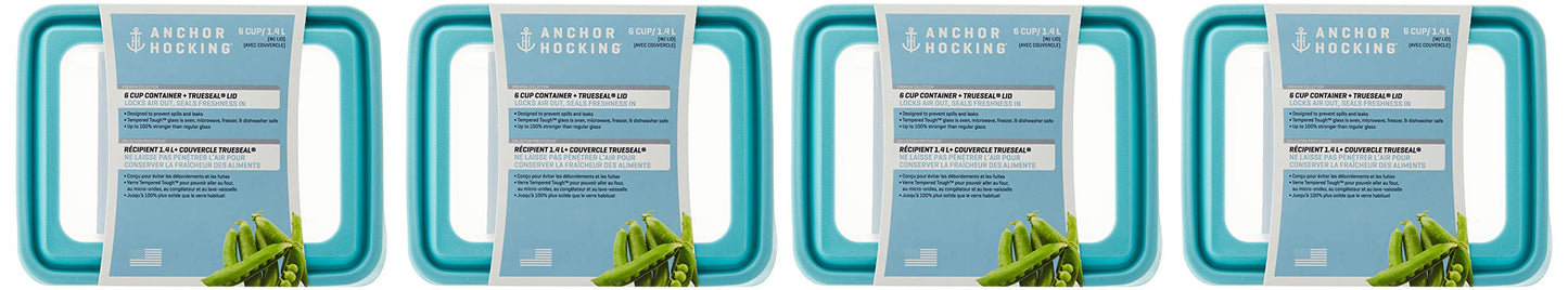 TrueSeal Glass Food Storage Containers with Mineral Blue Airtight Lids (6 Cup Rectangular Pack of 4 (Mineral Blue))