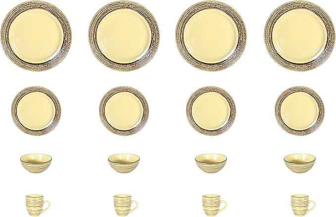 16 Piece Dinnerware Set, Ceramic Plates and Bowls Sets for 4, Microwave and Dishwasher Safe, Handcrafted Tree Bark Series Dish Set, Bamboo