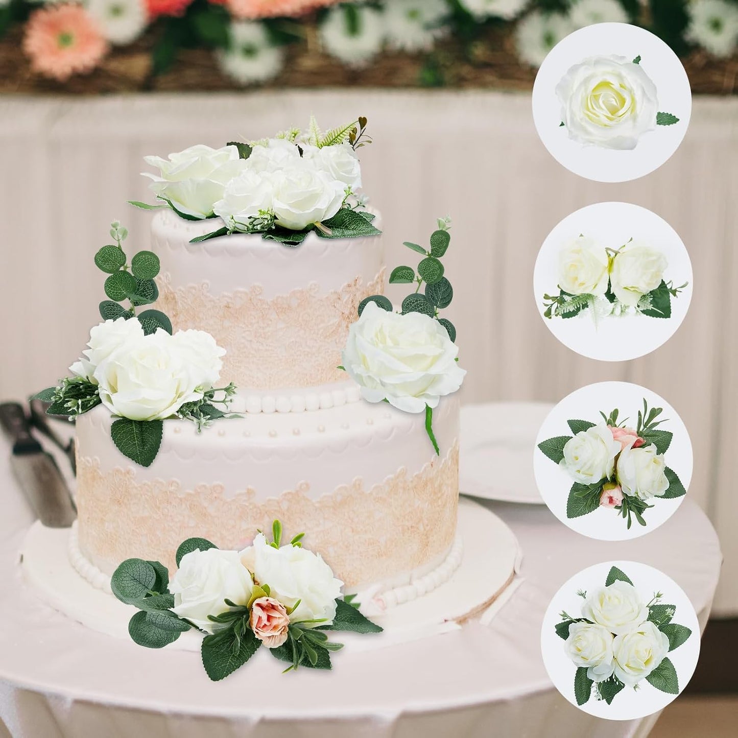 Taiyin 9 Pcs Flower Cake Topper Boho Cake Decorations Eucalyptus Flowers Floral Decorations for Women Wedding Birthday Party Anniversary(White)