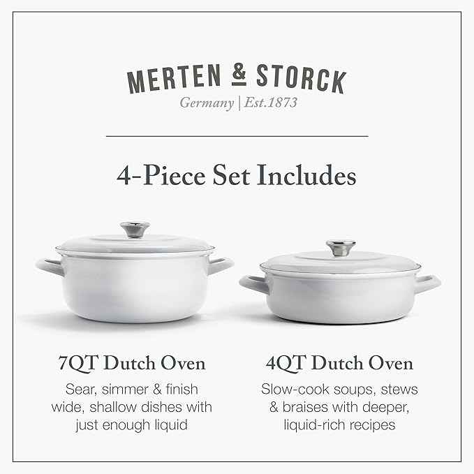 Merten & Storck 3.7QT & 5.5QT Dutch Ovens with Lids, 4 Piece Cookware Set, European Crafted Enameled Iron Stockpot, Induction & All Cooktops, Braising, Stews, Roasting, Slow Cooking, Sourdough, Gray