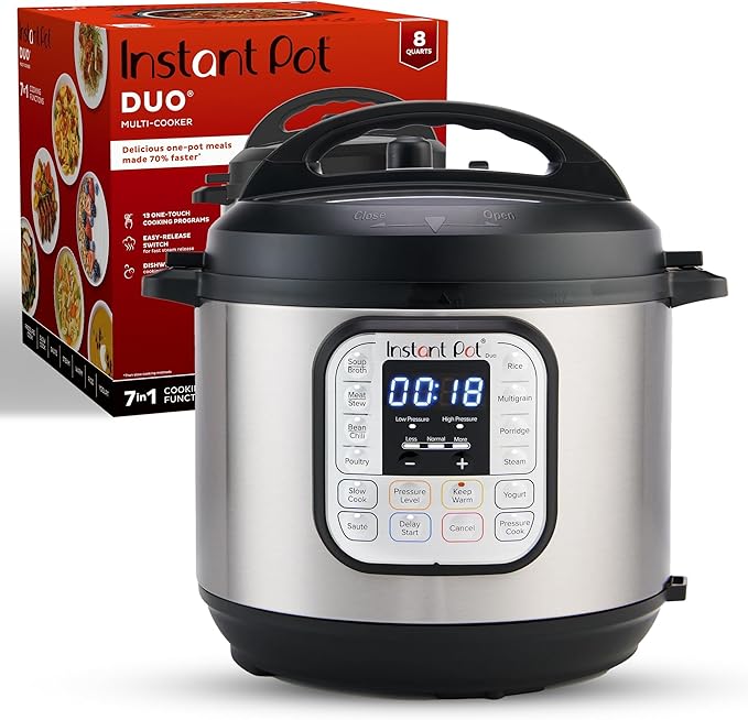 Instant Pot Duo 7-in-1 Electric Pressure Cooker, Slow Cooker, Rice Cooker, Steamer, Sauté, Yogurt Maker, Warmer & Sterilizer, Includes App with Over 800 Recipes, Stainless Steel, 8 Quart