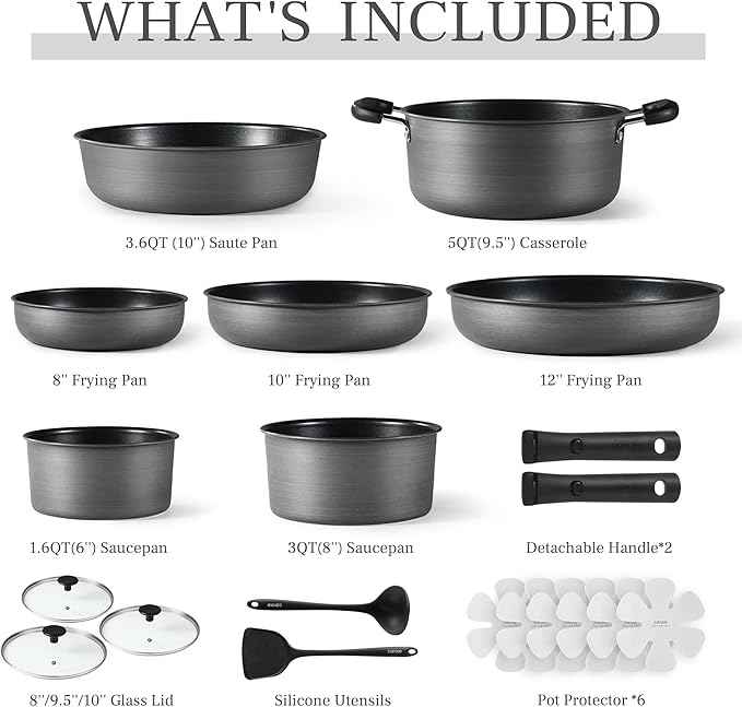CAROTE 20pcs 4-Ply Premium Hard Anodized Pots and Pans Set Non Stick with Detachable Handle, Dishwasher/Oven Safe, RV Kitchen Cookware Set Nonstick, Induction Cookware, Large Capacity Pans and Pot Set