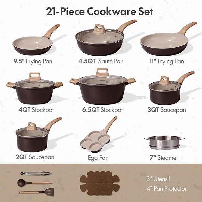 CAROTE 21 PCS Ceramic Cookware Set, Pots and Pans Set Non Stick, Pot and Pan Set with Frying Pan, Induction Ready Cooking Set for Kitchen, PFOS/PFOA/PFAS Free, Brown