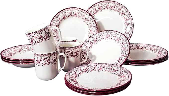 Tudor Royal Collection 16 Piece Round Dinnerware Set, Service for 4, Aster Pink Design, Red Floral, Plates Bowls Dishes, High Gloss Premium Quality