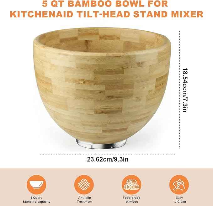 5 Qt Solid Wood Mixing Bowl Compatible with KitchenAid Tilt-Head Stand Mixer, Handcrafted Natural Wooden Bowl for 4.5-5 Qt K45SS KSM75 KSM150, Ideal for Bread Dough & Salads (Pale Yellow)