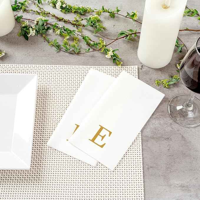 Luxenap 15.8 X 7.9 Inch Linen-Feel Guest Towels, 2000 Lettered Hand Towels - Gold Letter 'E', Sans Serif Font, White Paper Dinner Napkins, airlaid, For Restrooms And Tables - Restaurantware