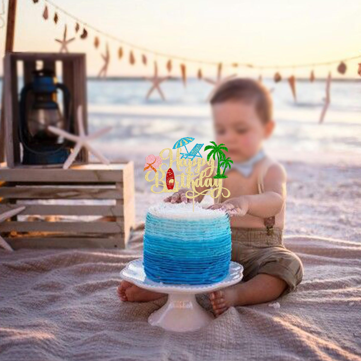 1Pcs Summer Beach Happy Birthday Cake Topper Glitter Ball Tree Umbrella Pool Cake Pick for Hawaiian Holiday Baby Shower Birthday Party Cake Decorations Supplies Gold