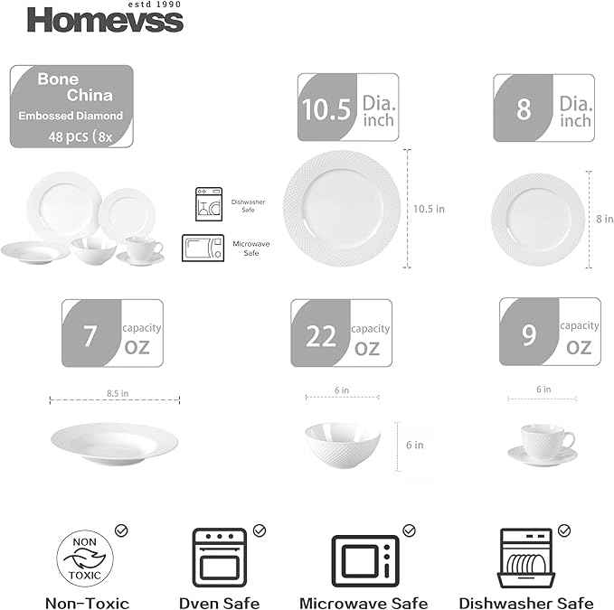 HomeVss, New Bone China Dinnerware Set, Embossed Diamond Design, 48pc Set