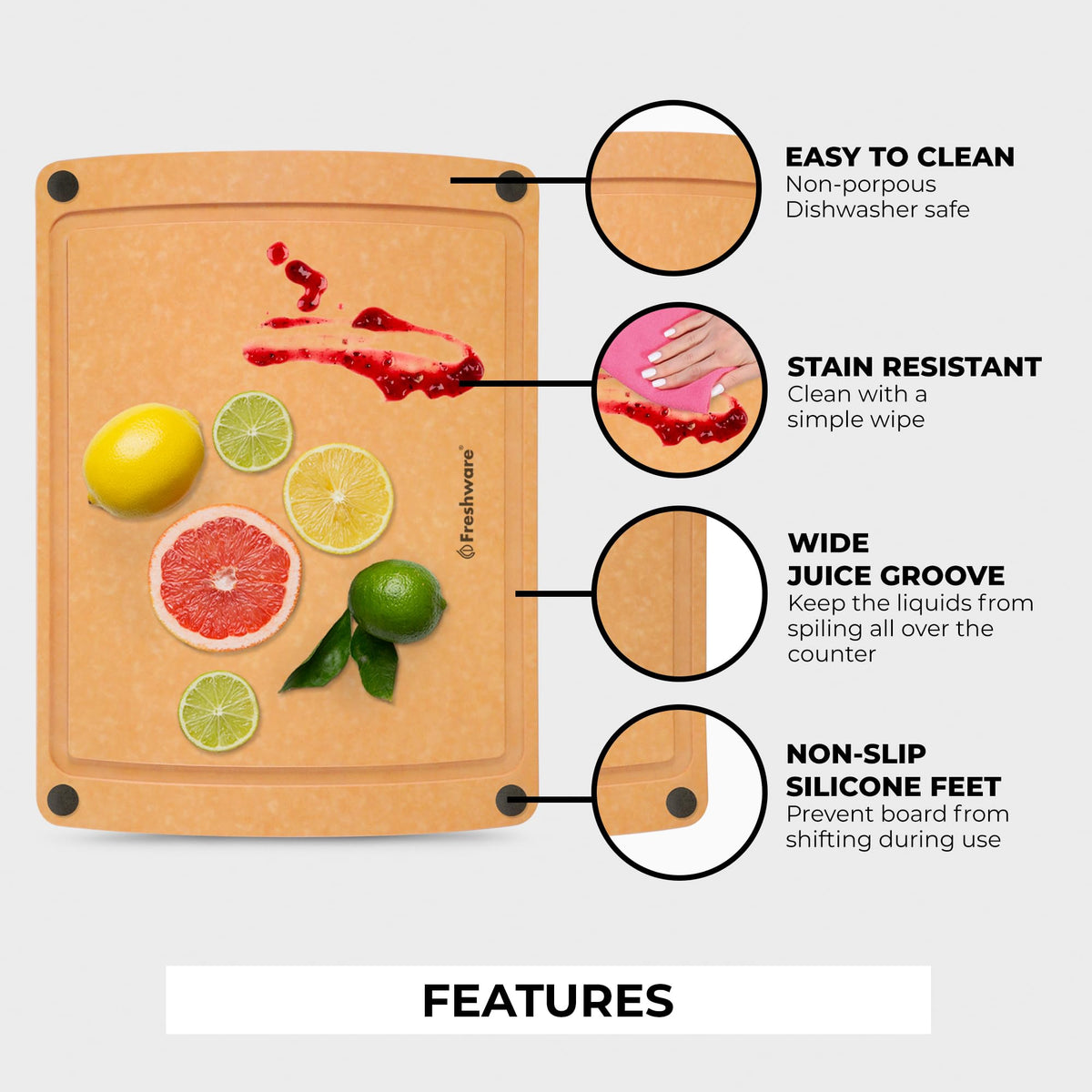 Wood Cutting Board for Kitchen (15" x 11.25" [Groove] [Natural Slate] / 15"L x 11.3"W)